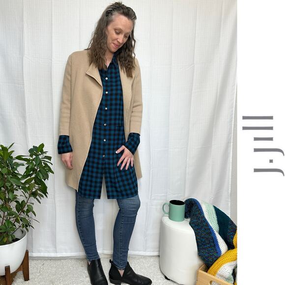 J. Jill Tired Long Tunic Shirt Black & Blue Buffalo Plaid Button Up Dress Sz: L - Picture 1 of 8